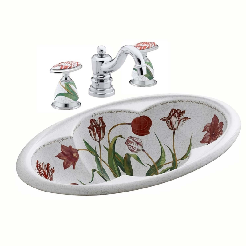 Kohler Antique Lavabo Bataryası Fables Flowers Desenli Porselen Volan - 10KOH280-9B-CP-TAKIM