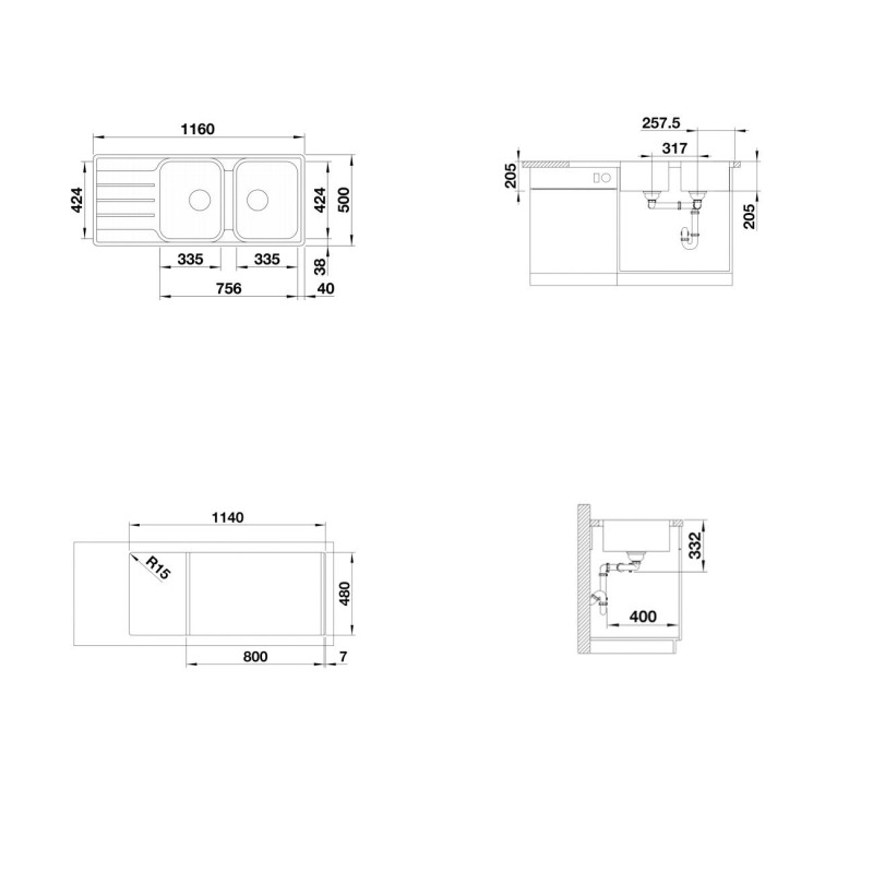 Blanco Eviye Lemis 8 S-IF Paslanmaz Çelik 116 x 50 cm - 20BL523036