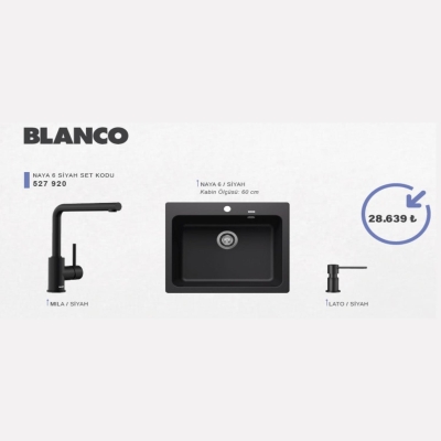 BLANCO - Blanco Naya 6 Siyah Evye + Mila Siyah Batarya + Lato Siyah Sıvı Sabunluk Seti (60 cm) - 0