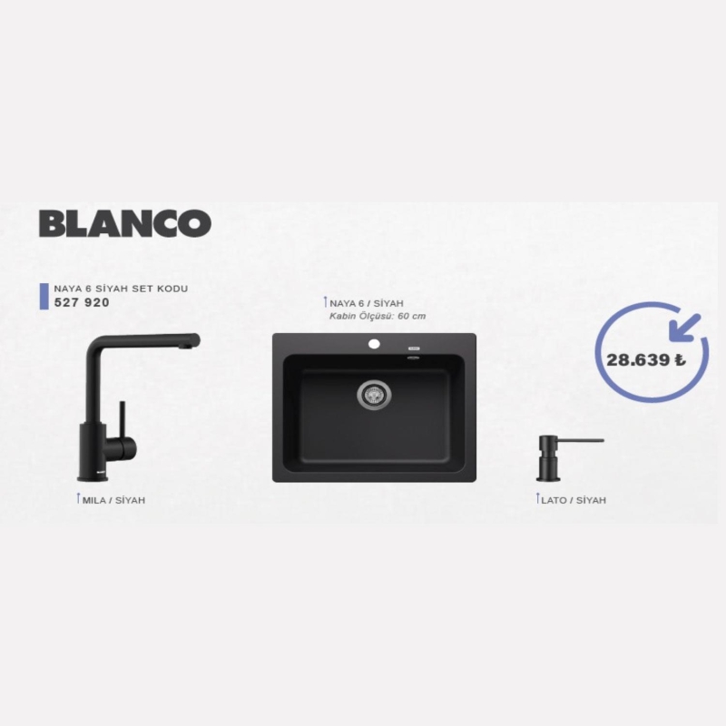 Blanco Naya 6 Siyah Evye + Mila Siyah Batarya + Lato Siyah Sıvı Sabunluk Seti (60 cm) - 20BL527920