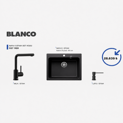 BLANCO - Blanco Naya 6 Siyah Evye + Mila Siyah Batarya + Lato Siyah Sıvı Sabunluk Seti (60 cm) - 0