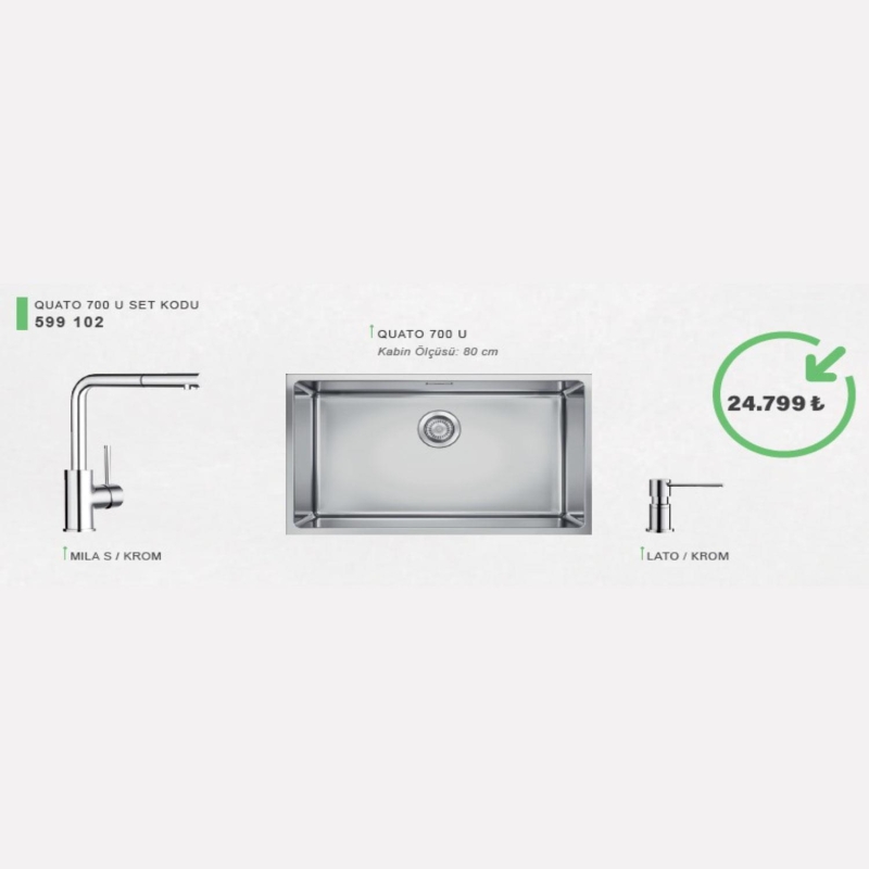 Blanco Quato 700 Paslanmaz Çelik Eviye, Batarya ve Sabunluk Seti - 20BL599102