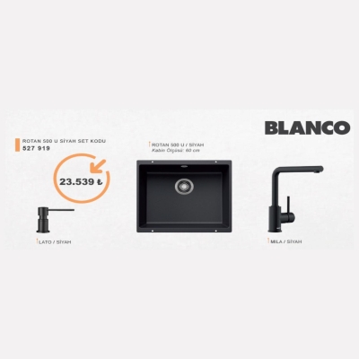 BLANCO - Blanco Rotan 500 U Siyah Granit Evye + Mila Siyah Batarya + Lato Siyah Sıvı Sabunluk Seti (60 cm) - 0