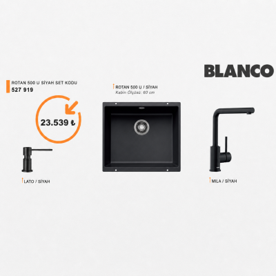 BLANCO - Blanco Rotan 500 U Siyah Granit Evye + Mila Siyah Batarya + Lato Siyah Sıvı Sabunluk Seti (60 cm) - 0