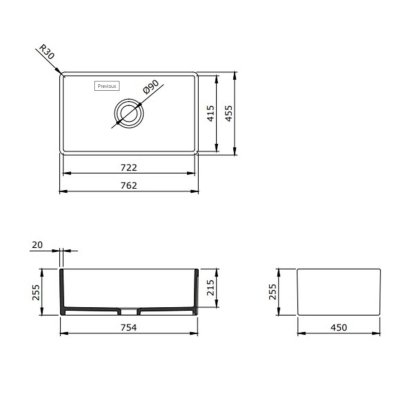 Bocchi Eviye Lavello 76 cm Country Parlak Beyaz Porselen - Thumbnail 20BOC1138-001-0120-03