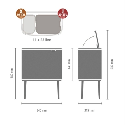 Brabantia Çöp Kutusu İki Bölmeli 11+23 litre Bo Touch Bin Mat Siyah 316203 - Thumbnail 20BRA316203