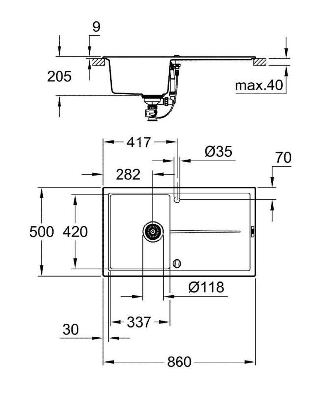 Grohe K400 Kuvars Kompozit Eviye 50 -C 86/50, Granit Gri Rengi - 31640AT0 - 10GRO31640AT0