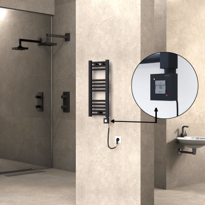 Radiva - HAITI Elektrikli Havlupan 300x700 Düz Siyah (KTX1 Termostat) 200W Spiral Kablolu