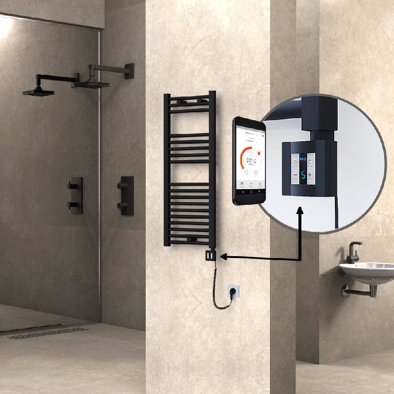 HAITI Elektrikli Havlupan 400x1000 Düz Siyah (KTX4 Termostat) 300W Spiral Kablolu - 1HAI04001000DB3MEC030-K