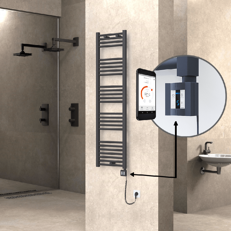 HAITI Elektrikli Havlupan 400x1500 Düz Antrasit (KTX4 Termostat) 600W Spiral Kablolu - 1HAI04001500DB2TEC060-K