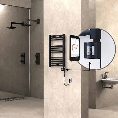 Radiva - HAITI Elektrikli Havlupan 400x700 Düz Siyah (KTX4 Termostat) 300W Spiral Kablolu