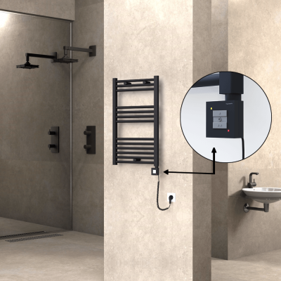 Radiva - HAITI Elektrikli Havlupan 500x800 Düz Siyah (KTX1 Termostat) 300W Spiral Kablolu