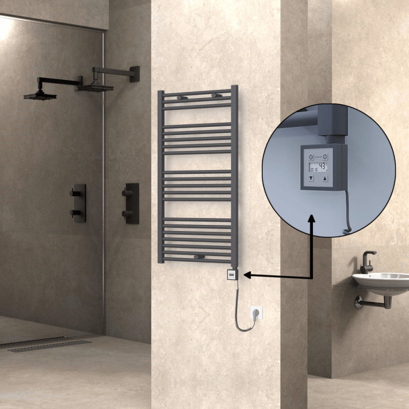 HAITI Elektrikli Havlupan 600x1100 Düz Antrasit (KTX3 Termostat) 600W Spiral Kablolu - 1HAI06001100DB2TE7060-K