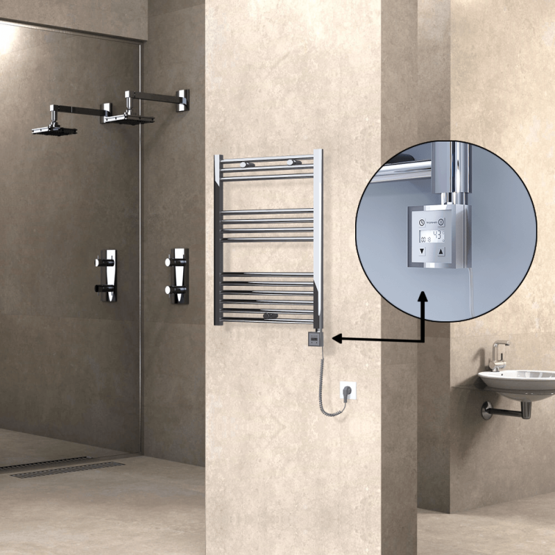 HAITI Elektrikli Havlupan 600x800 Düz Krom (KTX3 Termostat) 300W Spiral Kablolu - 1HAI06000800DK1PE7030-K