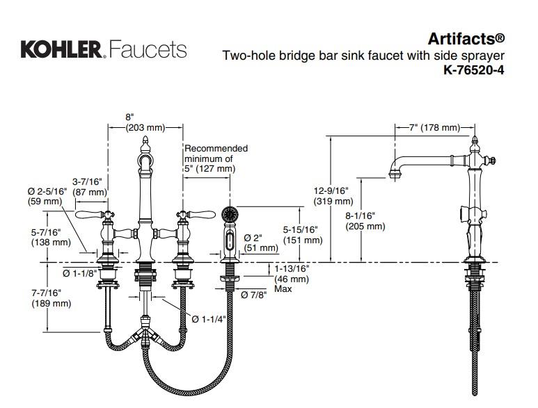 Kohler Artifacts 4 Delik Spreyli Köprü Barlı Eviye Bataryası, Modern Altın - 10KOH76520-4-2MB