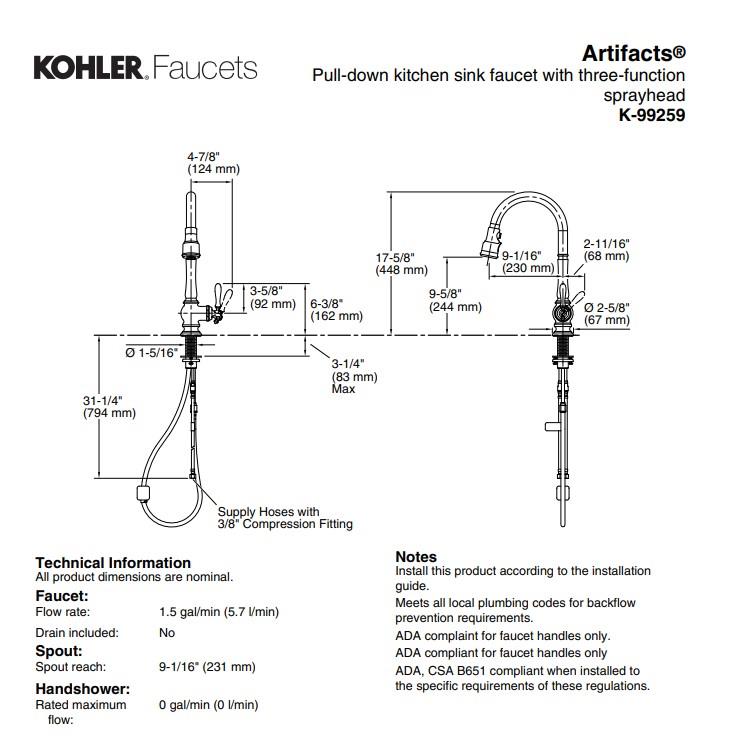 Kohler Eviye Bataryası Artifacts , Vibrant Stainless - 10Koh99259-VS