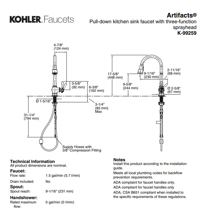 Kohler Eviye Bataryası Artifacts , Vibrant Stainless - 10K99259-VS
