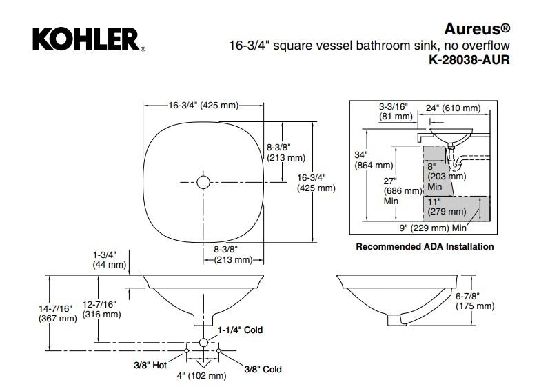 Kohler Lavabo Aureus Şamot Çanak, Beyaz Üzeri Desenli - 10KOH28038-AUR-0