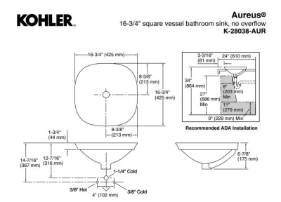 Kohler Lavabo Aureus Şamot Çanak, Beyaz Üzeri Desenli - Thumbnail 10KOH28038-AUR-0