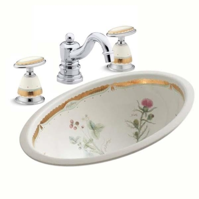 Kohler - Kohler Lavabo Bataryası Antique Praire Flowers Desenli Porselen Volan