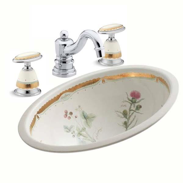 Kohler Lavabo Bataryası Antique Praire Flowers Desenli Porselen Volan - 10KOH280-9B-CP-TAKIM4