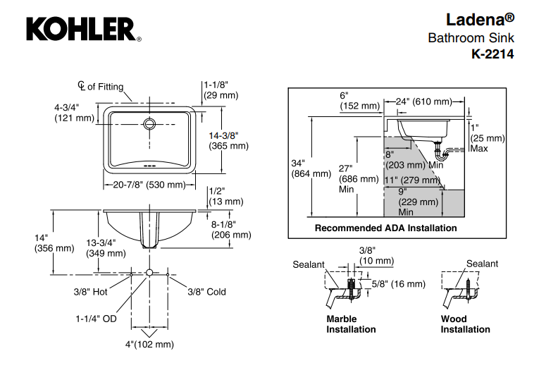 Kohler Lavabo Tezgah Altı Ladena - 10KOH2214-00000