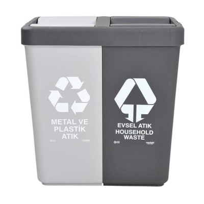 MOTEK - Motek Çöp Kutusu Geri Dönüşüm Metal-Plastik ve Evsel Atık 40+40 80 Litre İkili 55 x 35,5 x 59 cm