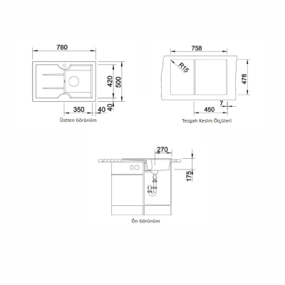 Nuevo Eviye Sonas 45 S 78 x 50 cm Sağ Damlalıklı Siyah Porselen 324157 - Thumbnail 20NUEVO324157