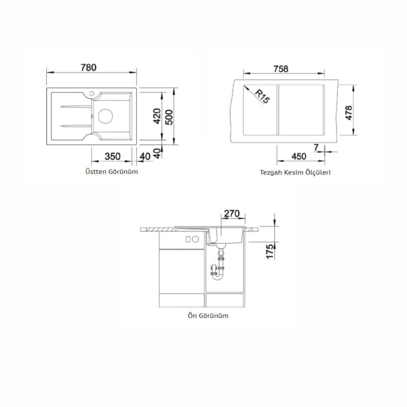 Nuevo Eviye Sonas 45 S 78 x 50 cm Sağ Damlalıklı Siyah Porselen 324157 - 20NUEVO324157