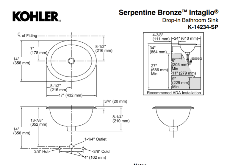 Kohler Lavabo Tezgah Üstü Serpentine Bronze - 10KOH14234-SP-G9